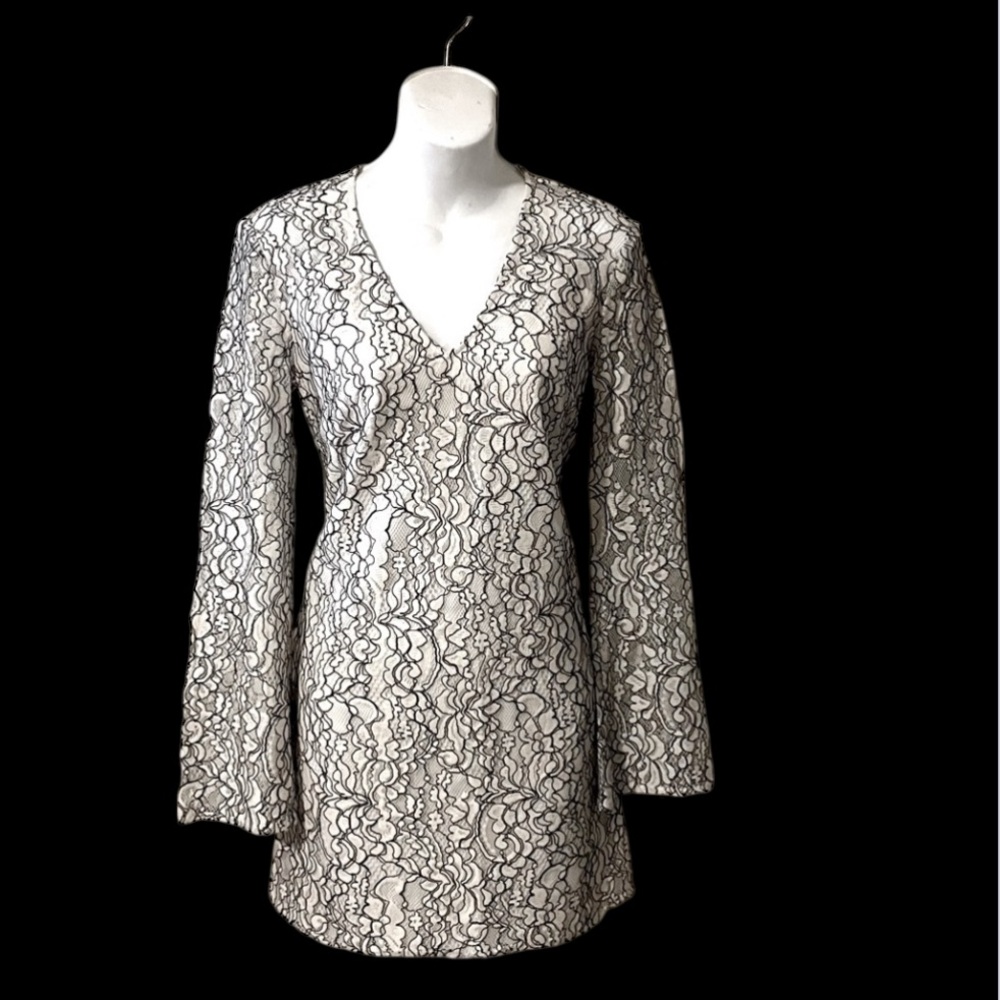 WAYF Anthropologie White Cream & Black Lace Long Sleeve V Neck Tunic Mini Dress
